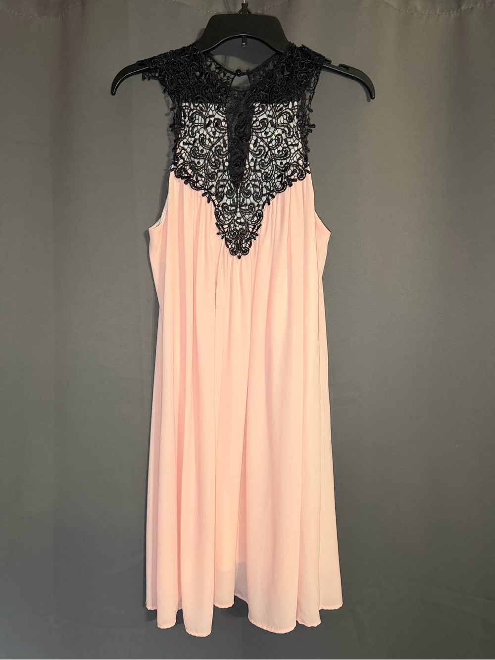 Sleeveless Pink Mini Dress with Black Lace Yoke